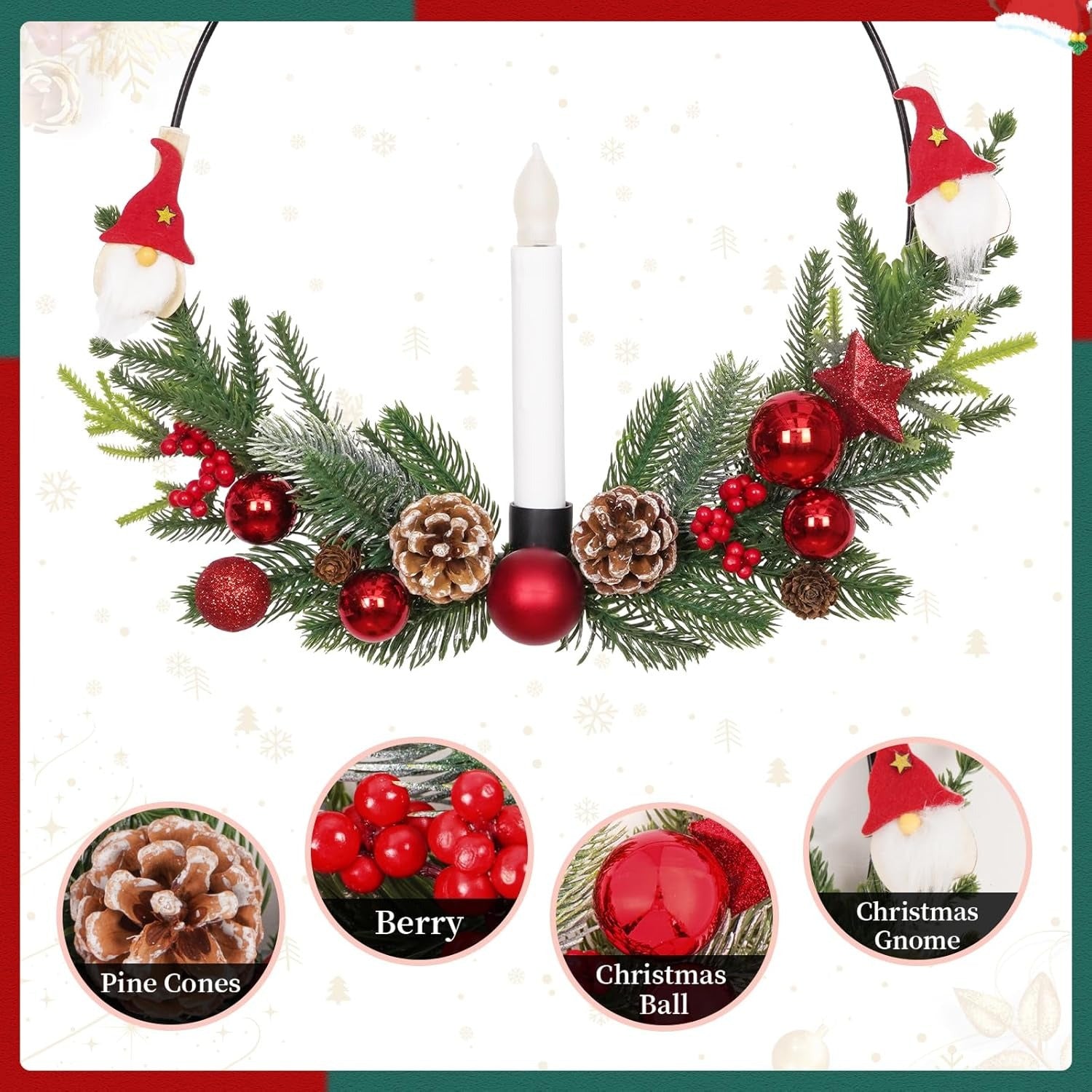 2-Pack ASPMIZ Traditional Christmas Wreaths with LED Lighted Taper Candles, Remote Control, Berries, Pine Cones - Wall Hanging Decor for Holiday, Winter - Plastic, Requires 2 AA Batteries (Not Included)