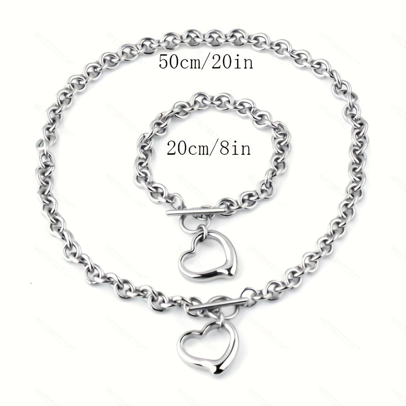 1 Set Exquisite Titanium Steel Stainless Steel Hollow Heart-Shaped Peach Heart Necklace and Bracelet Set - Silver Plated