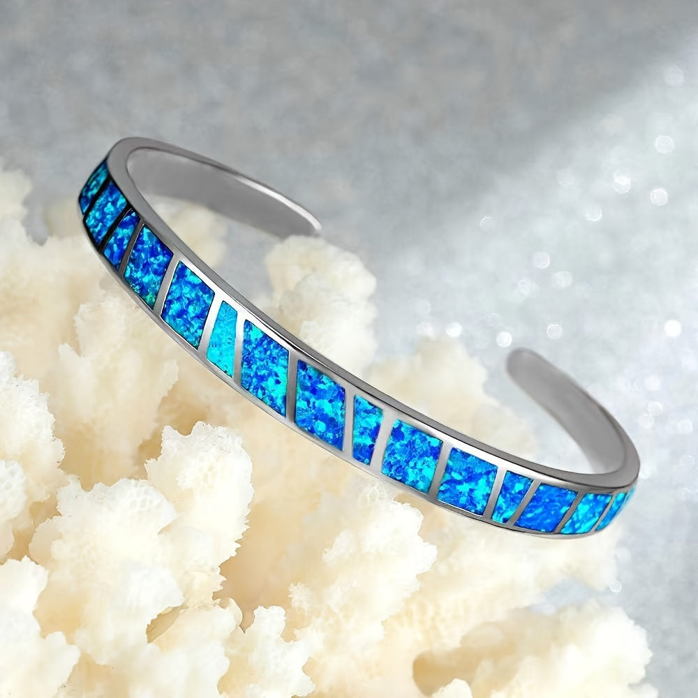 Vintage Blue Opal Open Bracelet - 18K Golden Plated Copper with Synthetic Stones,