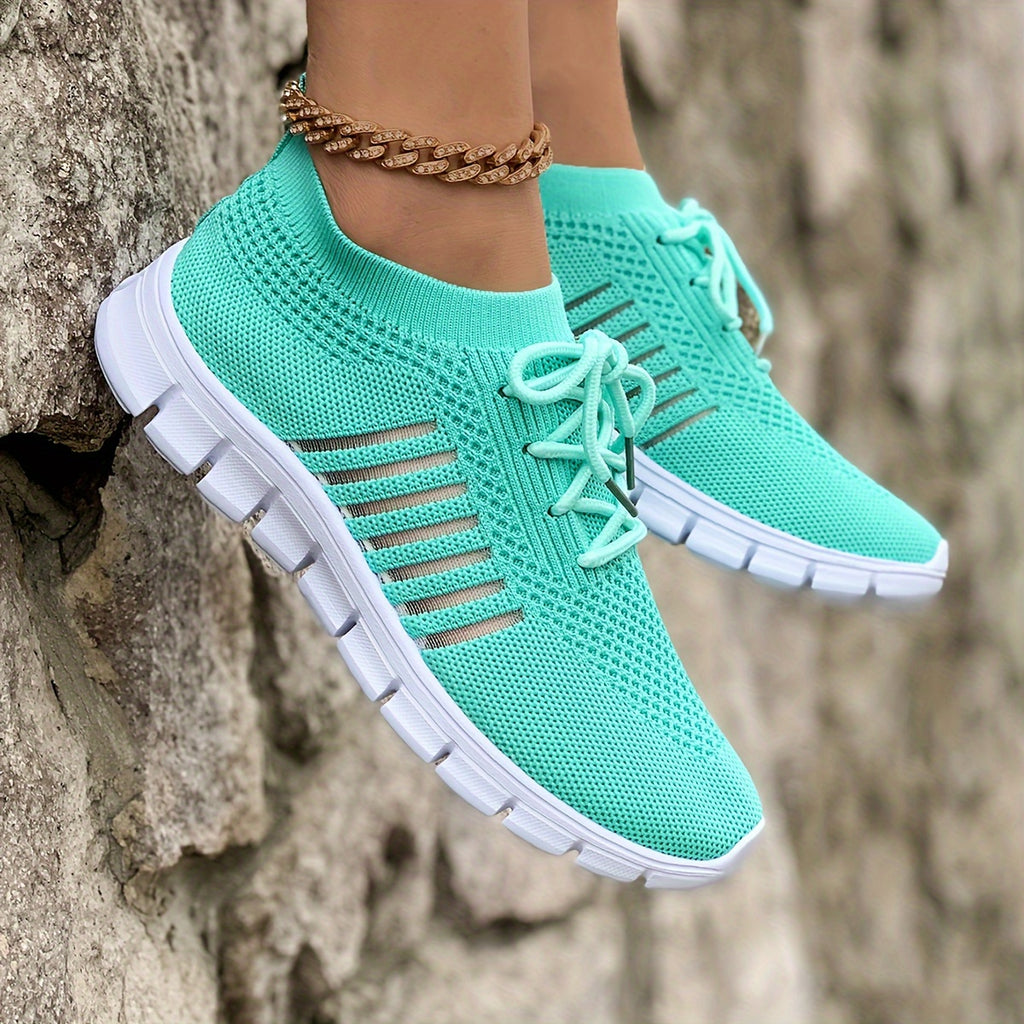 Women's Lightweight Knit Sneakers, Breathable Low-Top Lace-Up Casual Running Footwear, Fabric Upper and PU Cover Sole, Vibrant Color Sneakers, Versatile Running Shoes