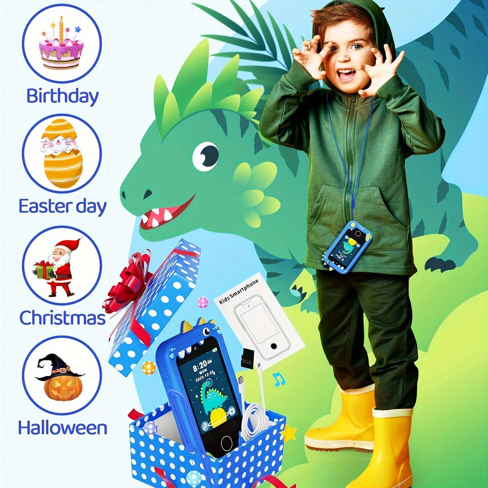 Kikapabi Kids Smart Phone Toys, Touchscreen HD Dual Camera Cell Phone for Kids, Birthday Gifts Dinosaur Toddler Play Phone for Boys 3-10, Travel Toy with 8GB SD Card Halloween Christmas Gift