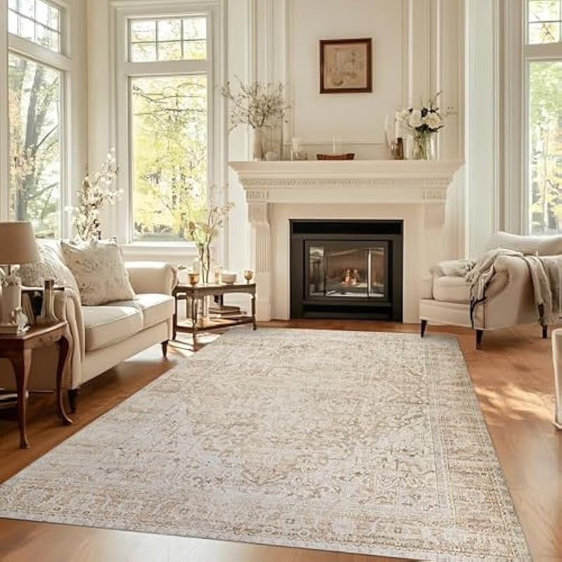 Boho Neutral Living Room Rug 5x7Washable Vintage Rustic Earth Tone Modern Farmhouse Style Easy to Clean Stain Resistant Area Rugs for Bedroom Dining Room Light Tan Brown and Beige