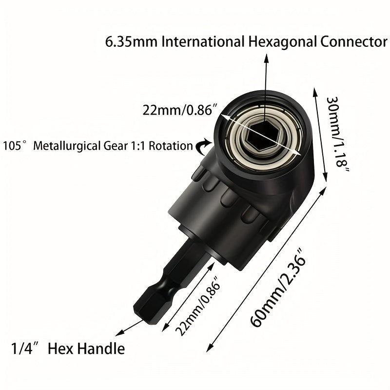 1pc 105 Degree Drill Adapter Attachment, Impact Driver Extension Hex Bit Socket 1/4" For Wrenches And Drills, Charging Screwdrivers Or Manual Wrenches