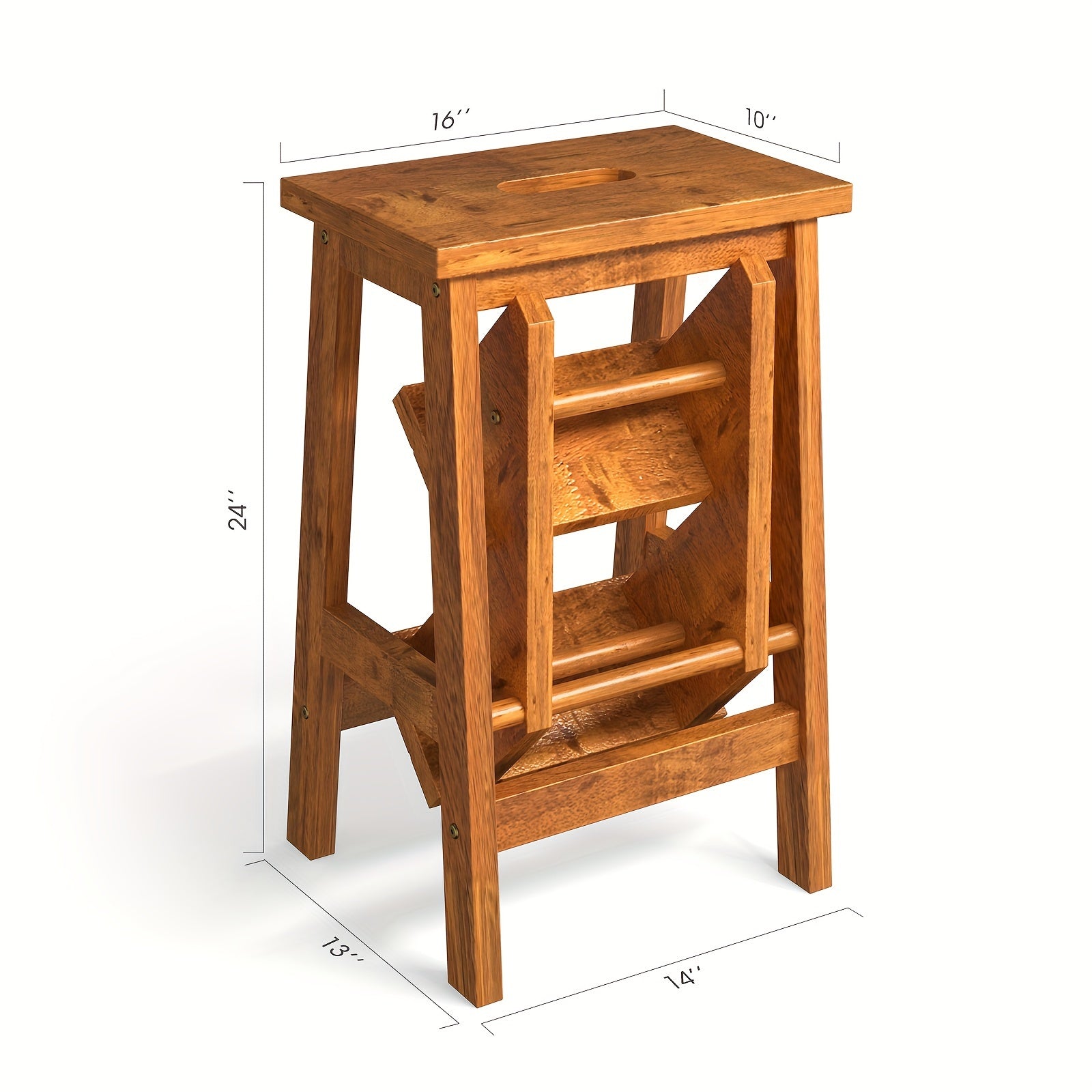 3-in-1 Folding Step Stool with 24" Storage Shelf - Multi-Function Coffee Brown Rubber Wood Ladder, Durable & Portable for Home, Garage, or Garden Use, Sturdy Ant-Slip Surface, 200 lbs Capacity Per Pedal, Garage Utility Ladder