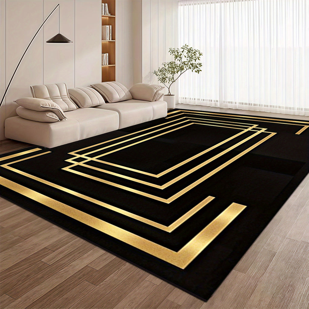 Luxurious Black Velvet Area Mat with Golden Geometric Design - Machine Washable, Non-Slip, Thick & Durable for Living Room, Bedroom, Entryway - Elegant Home Decor, Rugs for Living Room