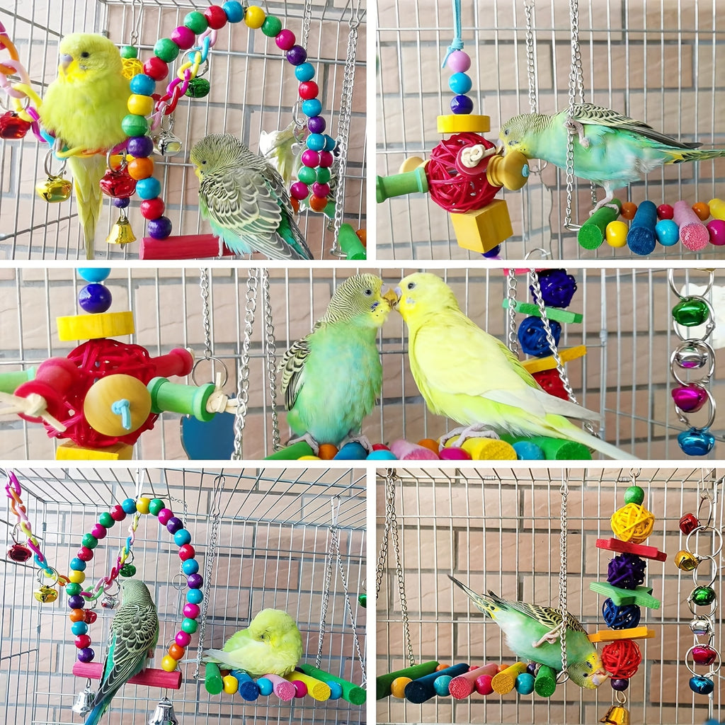 Colorful Wooden Bird Swing Toy with Mirror and Hanging Bridge -