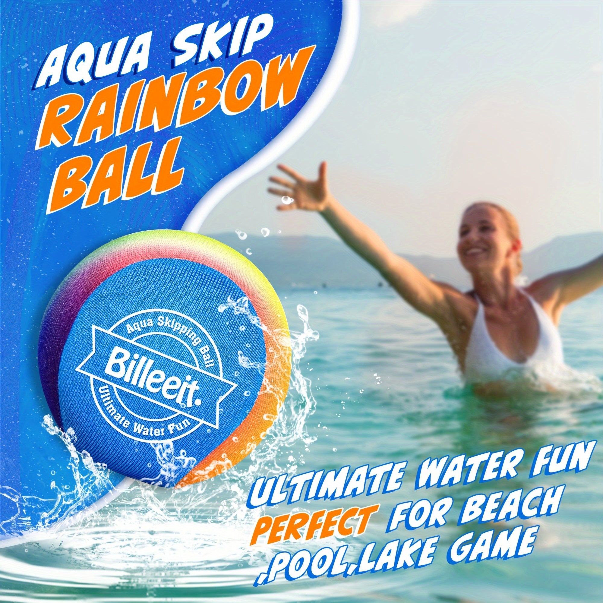 Billeeit Water Skipping Balls Set for Pool Play, Include 1 Rugby, 2 Balls and 2 Discs, Rainbow Color Splash Water Bouncing Balls, Fun Beach Toys & Games, Summer Gift for Kids 3+ 4-8-12 and Adults