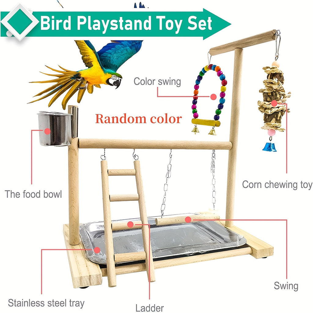 Parrot Play Stand with Swing and Chew Toys - Durable Wood, Ideal for Medium & Small Birds - Interactive Training Station for Lovebirds and Parakeets