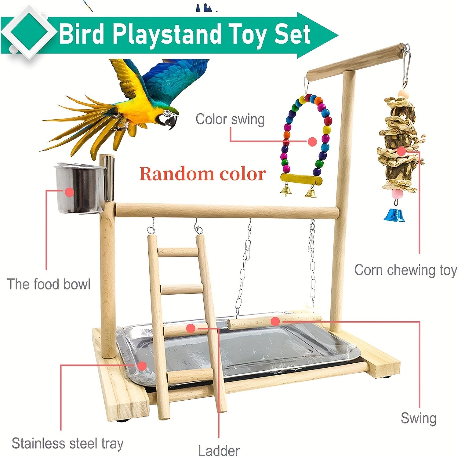Parrot Play Stand with Swing and Chew Toys - Durable Wood, Ideal for Medium & Small Birds - Interactive Training Station for Lovebirds and Parakeets