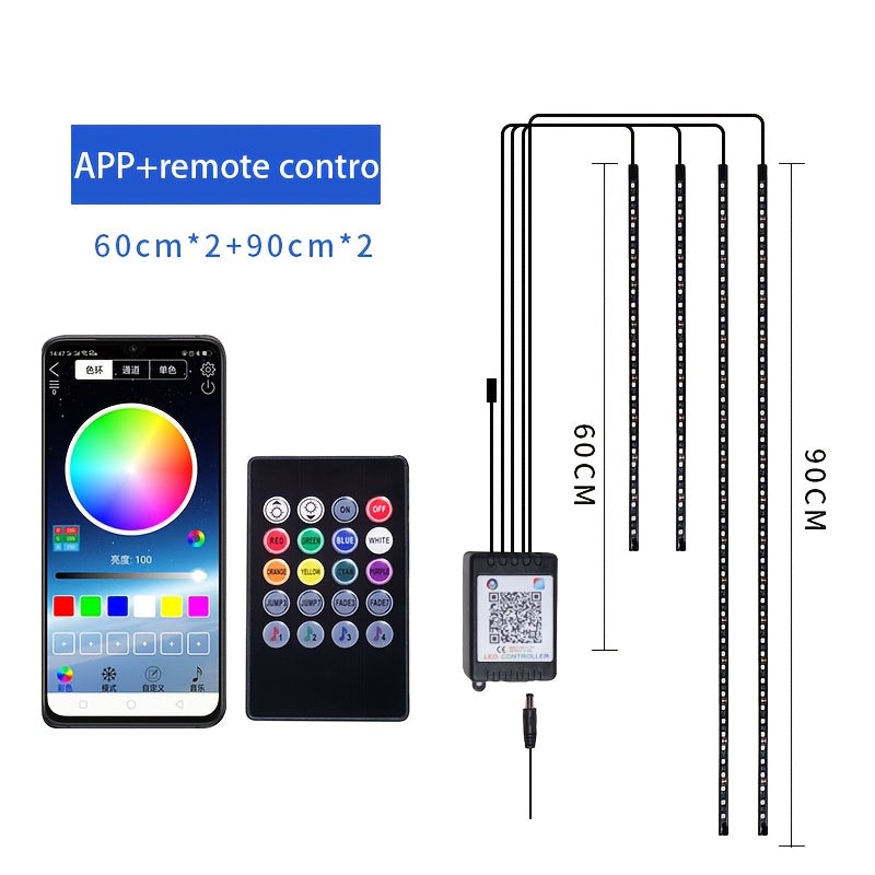 [RGB Automotive LED Strip] 4pcs Dynamic RGB Automotive LED Underglow Kit - Wireless Remote Control, Neon Music Mode, Automotive Underlight Strip