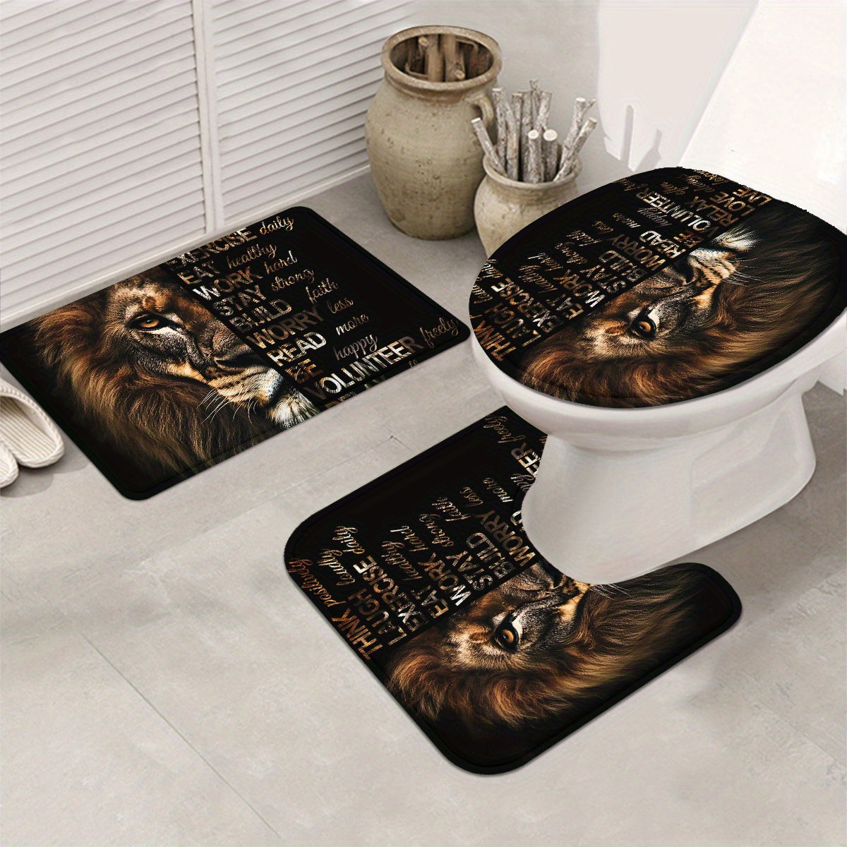 4pcs Powerful Lion Shower Curtain Set, Golden African Safari Animals Masculine Male Cool Bathroom Sets with Shower Curtain and Rugs, Motivational Inspirational Quotes Shower Curtain with Bath Mat Set and 12 Hooks, Shower Curt