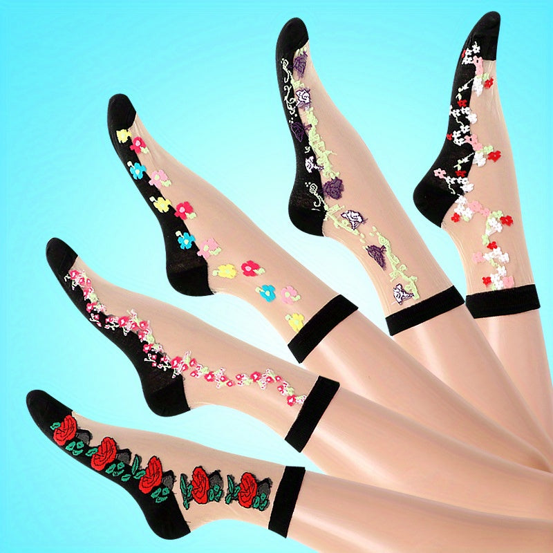 [5 Pairs Crystal Socks] 5 Pairs Thin Glass Jacquard Crystal Ice Slick Fiber Women's Socks