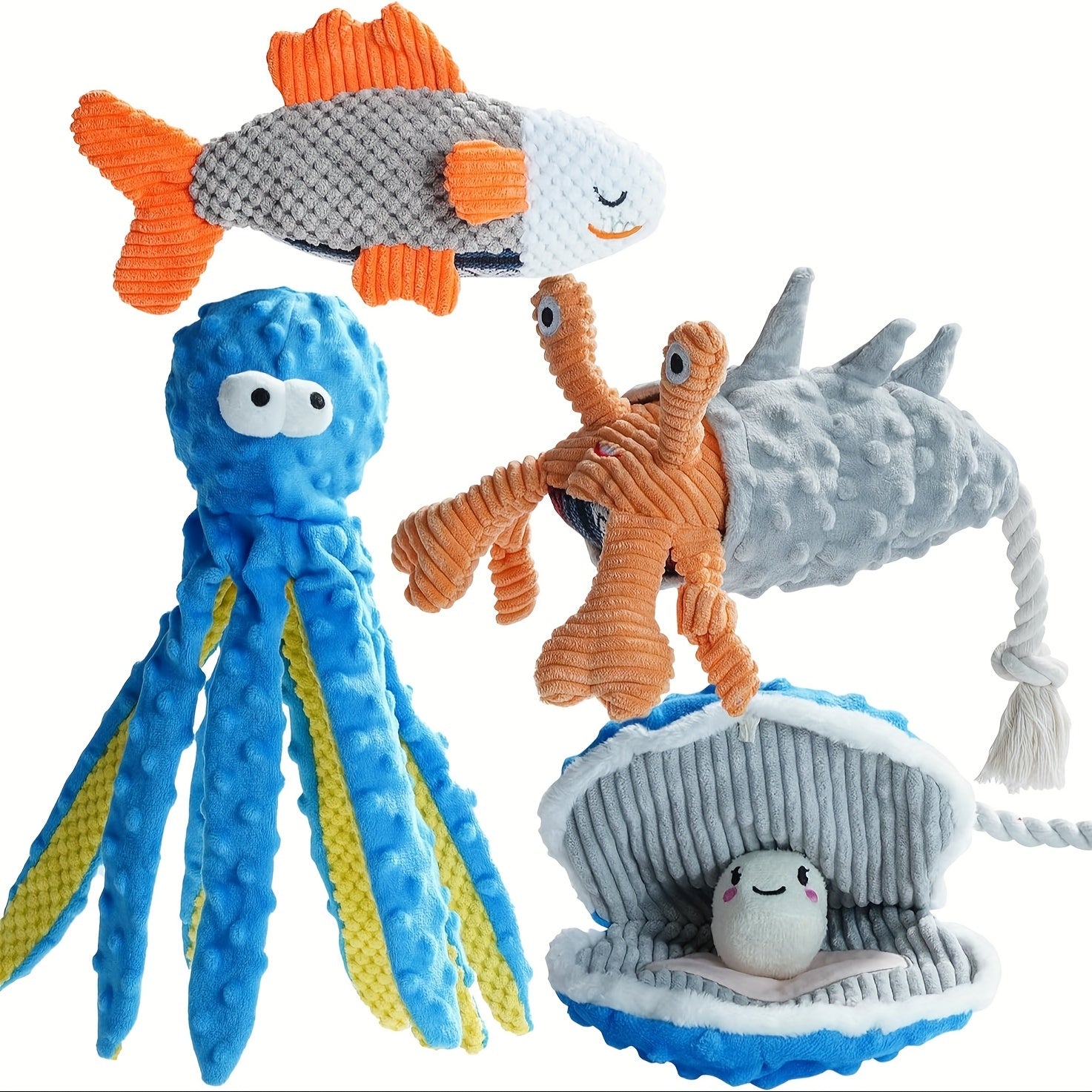 4-Pack Nocciola Ocean Theme Dog Toys - Crinkle Squeaky Interactive Plush Chew Toys for Puppies, Durable Non-Toxic Fabric with Octopus, Salmon, Hermit Crab & Shell Designs, Safe for Aggressive Chewers & All Dog Sizes, Interact