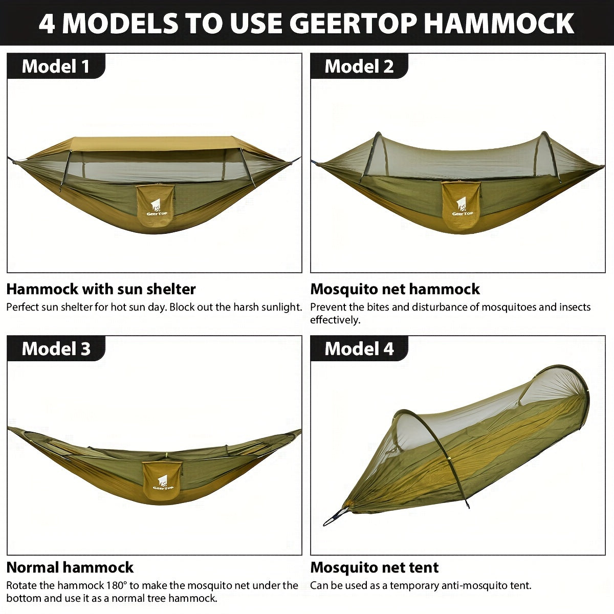 GEERTOP 3in 1 Outdoor Hammock with Mosquito Net Sun Shelter, Double Sleep Rest Camping Hammock for Backpacking Travel Garden Park