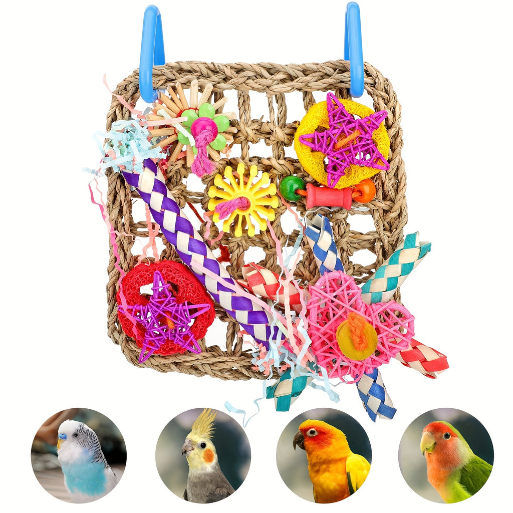 Bird Toy, Seagrass Woven Climbing Hammock Mat with Colorful Chewing Toys, Cage Accessories for Enhanced Activity and Fun