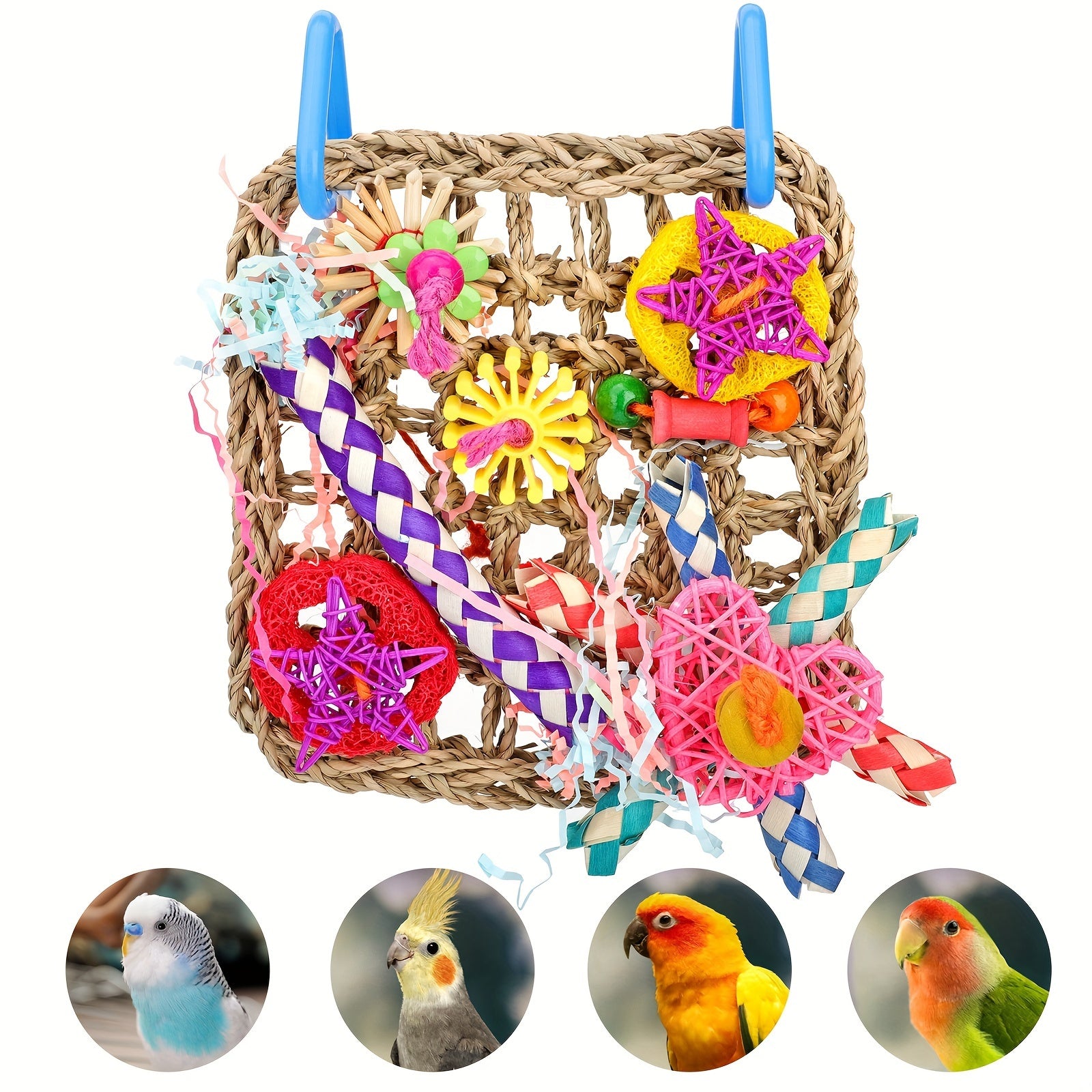 Bird Toy, Seagrass Woven Climbing Hammock Mat with Colorful Chewing Toys, Cage Accessories for Enhanced Activity and Fun