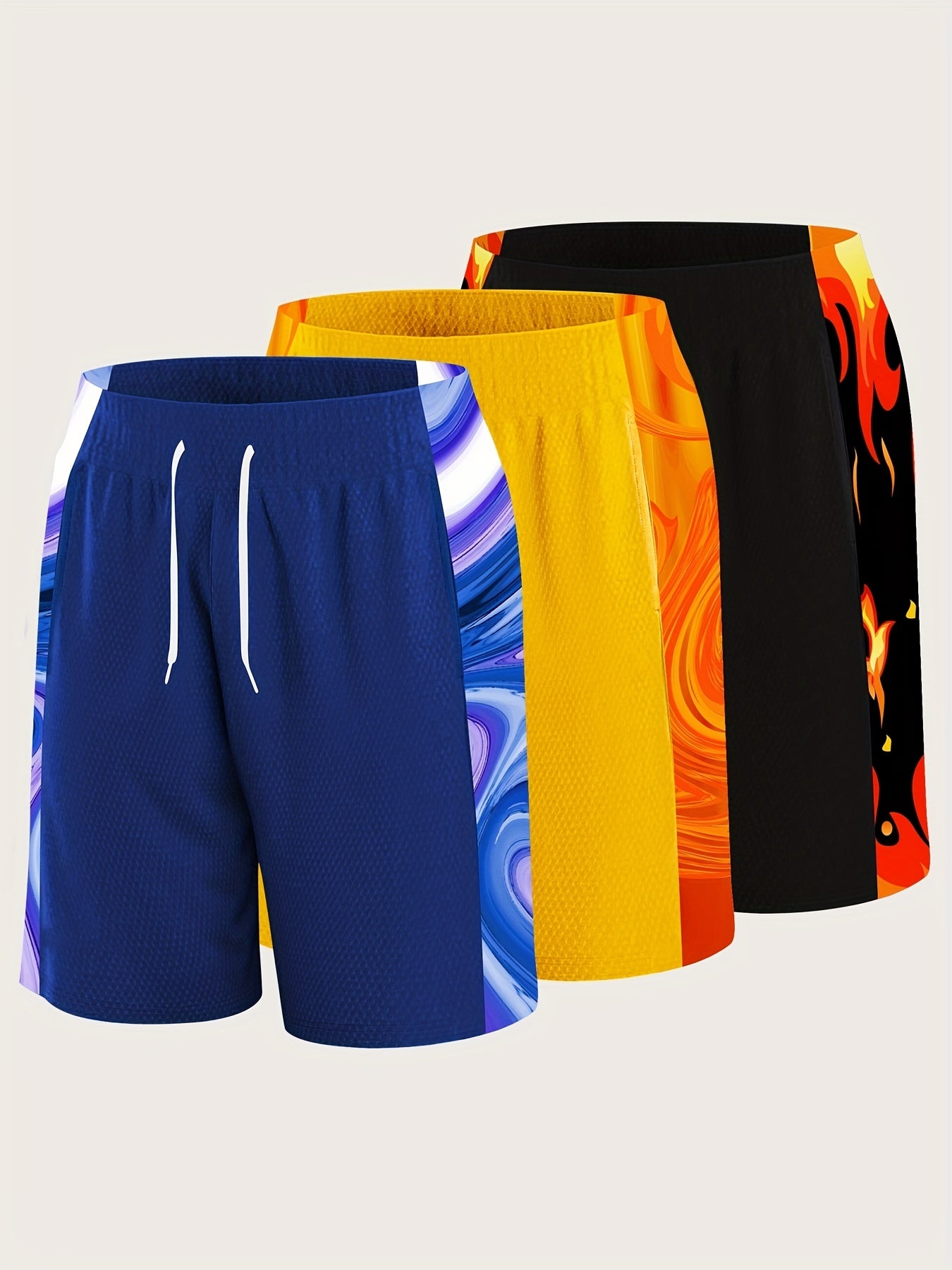 3-Pack Men'S Plus Size Athletic Shorts, Polyester Knit, Sports Style, Loose Fit, Random Print, Drawstring, Pockets, with 150g/m² Lightweight Fabric