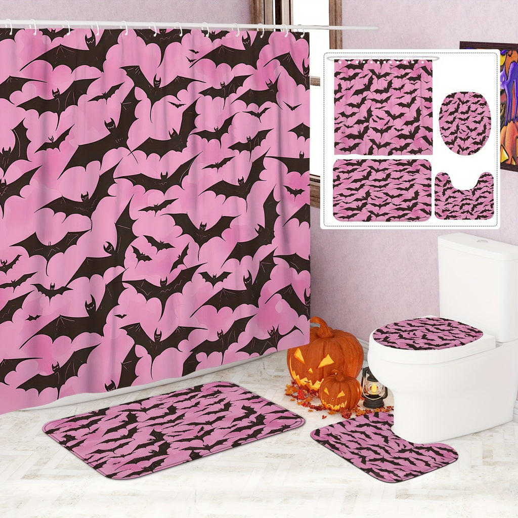 1/4pcs Halloween Bat Spooky Gothic Pink Black Shower Curtain Set with Shower Curtain and Rugs Polyester Waterproof Machine Washable for Halloween Bathroom or Shower Decor with 12 Hooks Non-slip Bath Mat U-shape Toilet Lid Cov