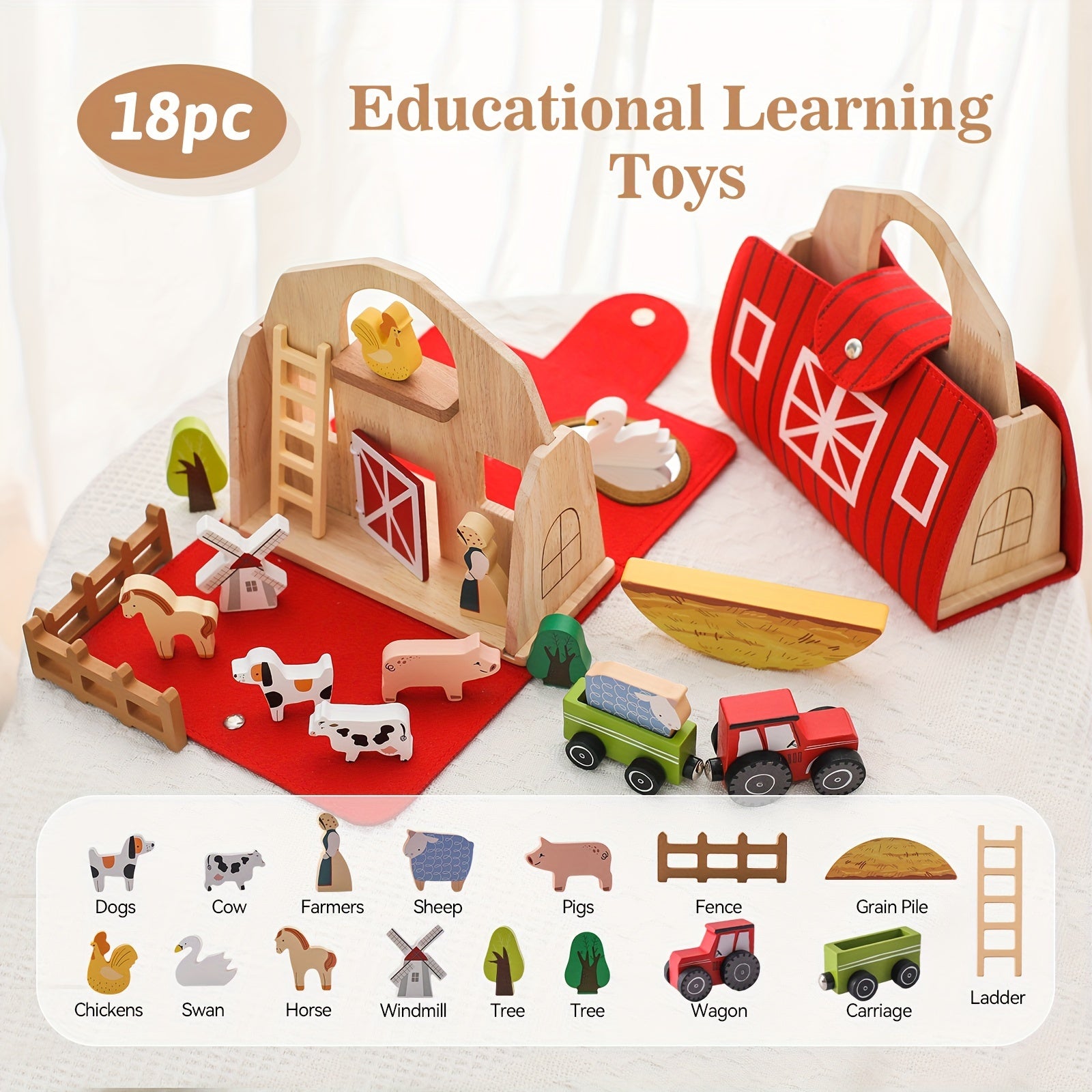 18pcs Farm Animals Barn Toys, Wooden Montessori Stacking For Toddlers Red Barn Toys Little People Farm Animal Toys Farm Pretend Playset With Barn & Farmer, halloween, christmas gift