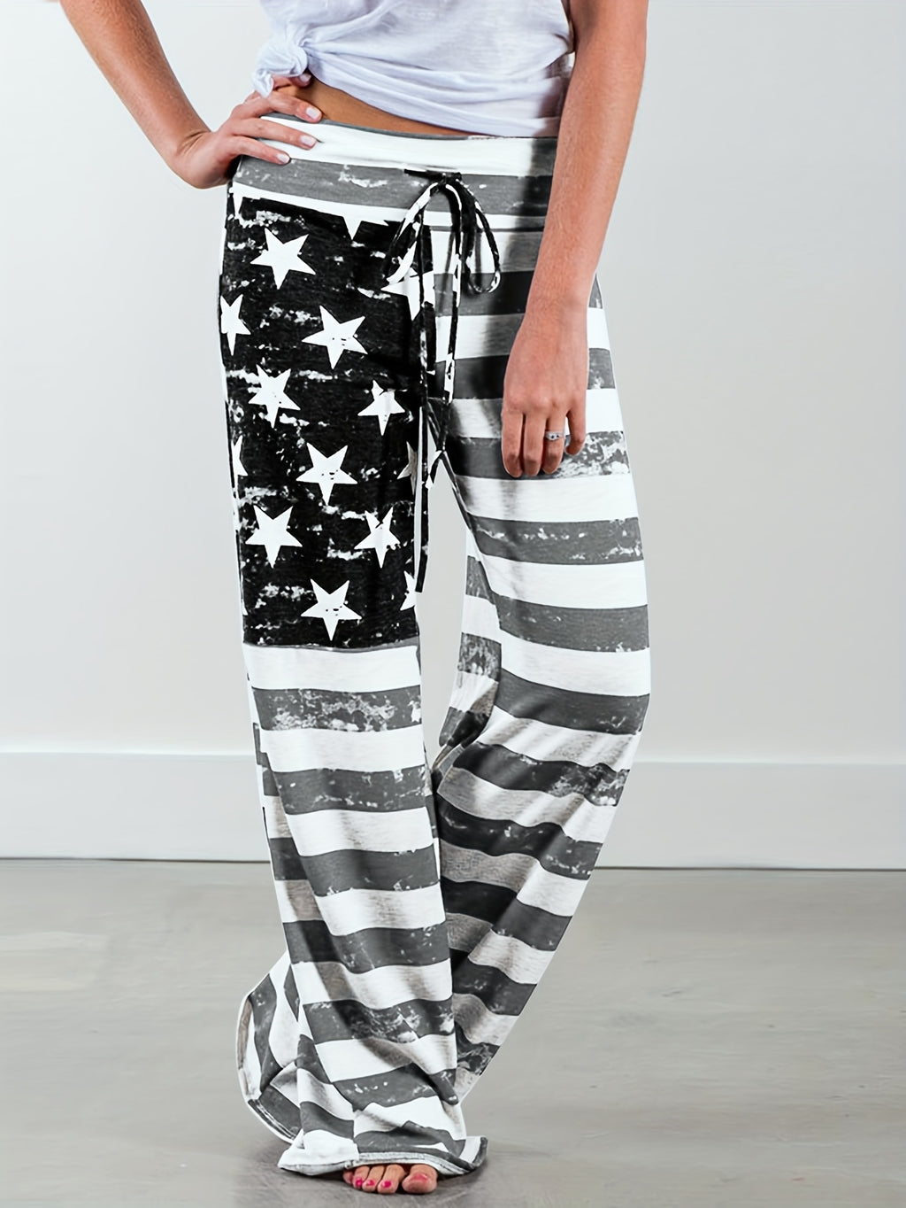 [American Flag Print Pants] Loose Fit Men's Casual American Flag Print Wide Leg Pants | Drawstring Waist, All-Season Comfort, Casual Weekend Attire, Starpattern Pants, American Flag Accessories