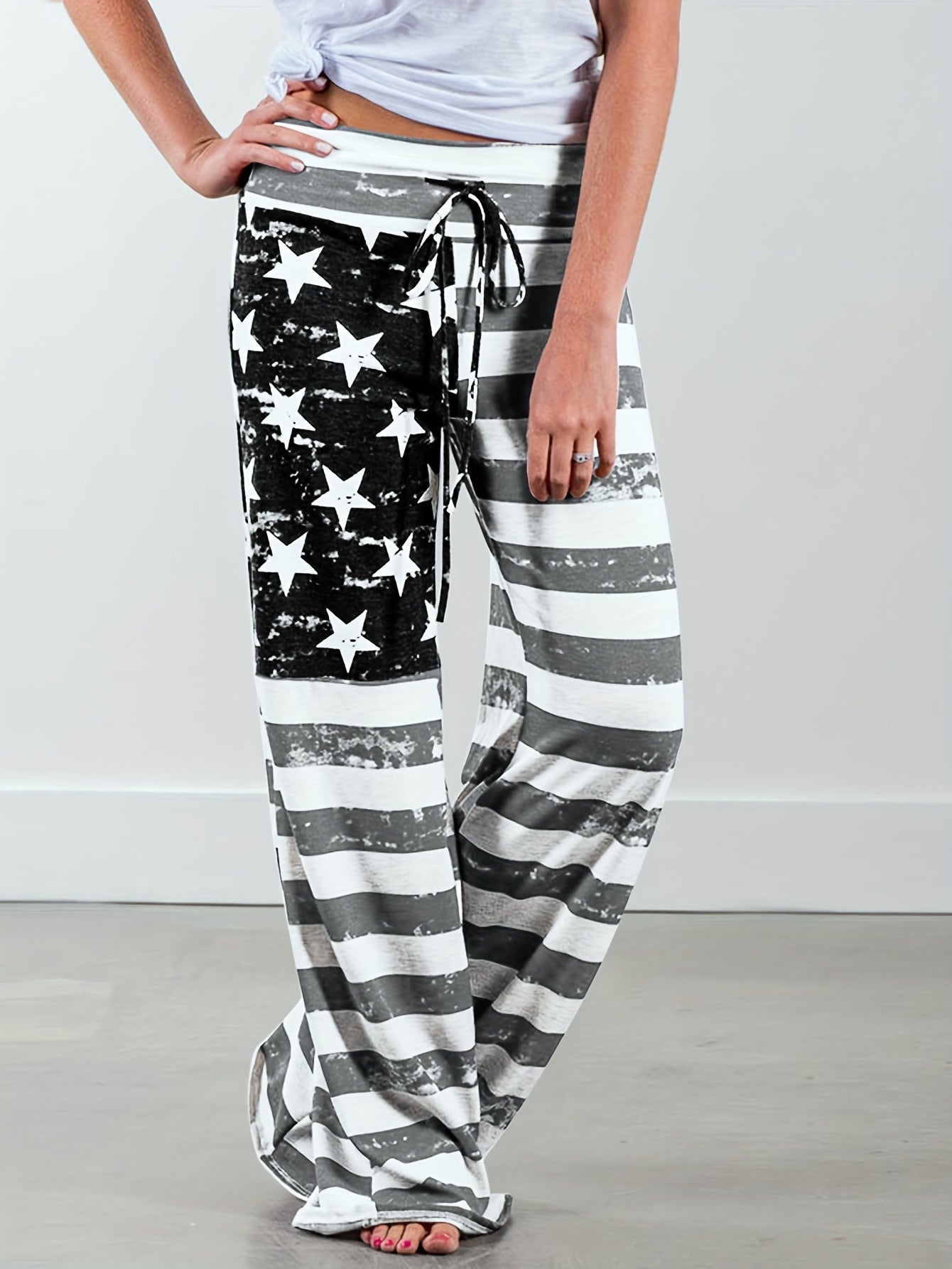 [American Flag Print Pants] Loose Fit Men's Casual American Flag Print Wide Leg Pants | Drawstring Waist, All-Season Comfort, Casual Weekend Attire, Starpattern Pants, American Flag Accessories
