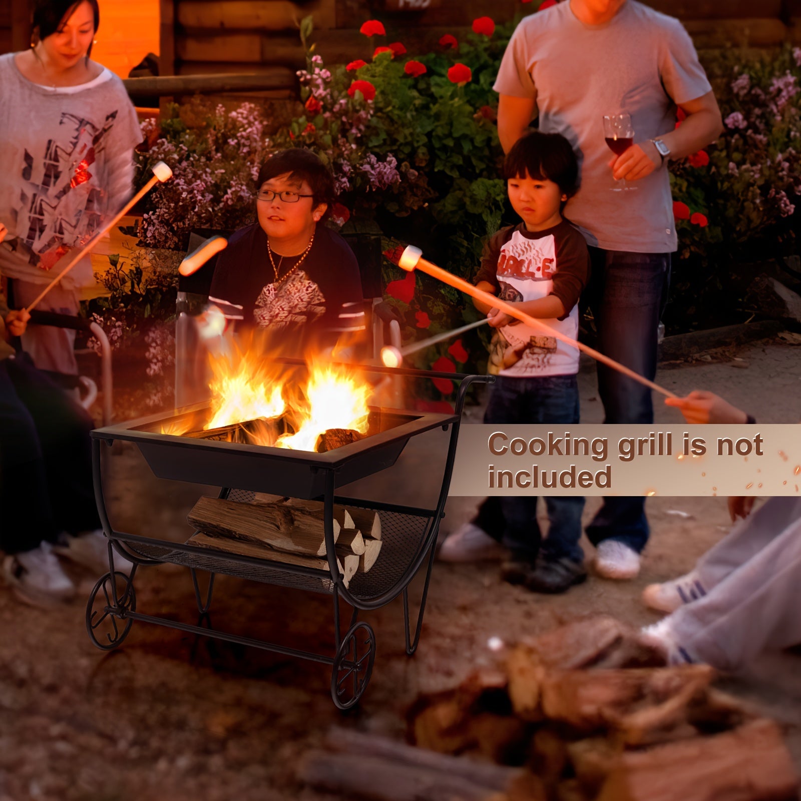 1pc Deluxe Outdoor Wood Burning Fire Pit - Steel Patio Stove with Log Storage Rack and Wheels for Easy Mobility - Perfect for Yard, Garden, and Backyard Gatherings - Durable Construction and Versatile Design