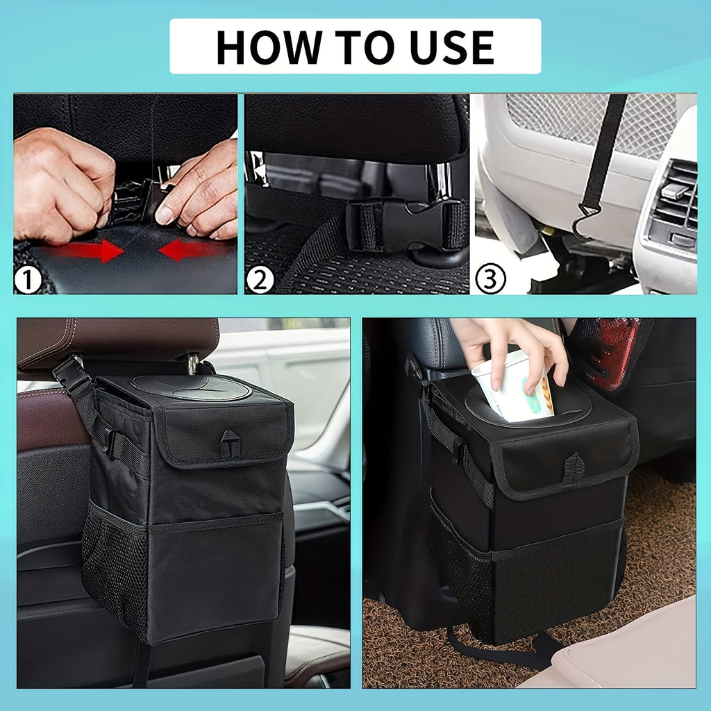 Zukmi Car Trash Can with Lid And Storage Pockets - Car Trash Bag Hanging, Leak-Proof Automotive Garbage Can, Multipurpose Car Trash Bin 1pc