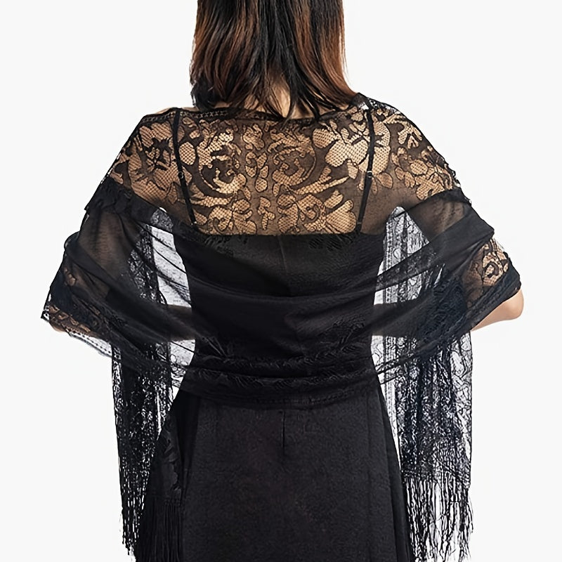 Ladies Women's Floral Lace Scarf Shawl With Tassels, Soft Mesh Fringe Wraps Bridal Shawl For Wedding Evening Party Dresses