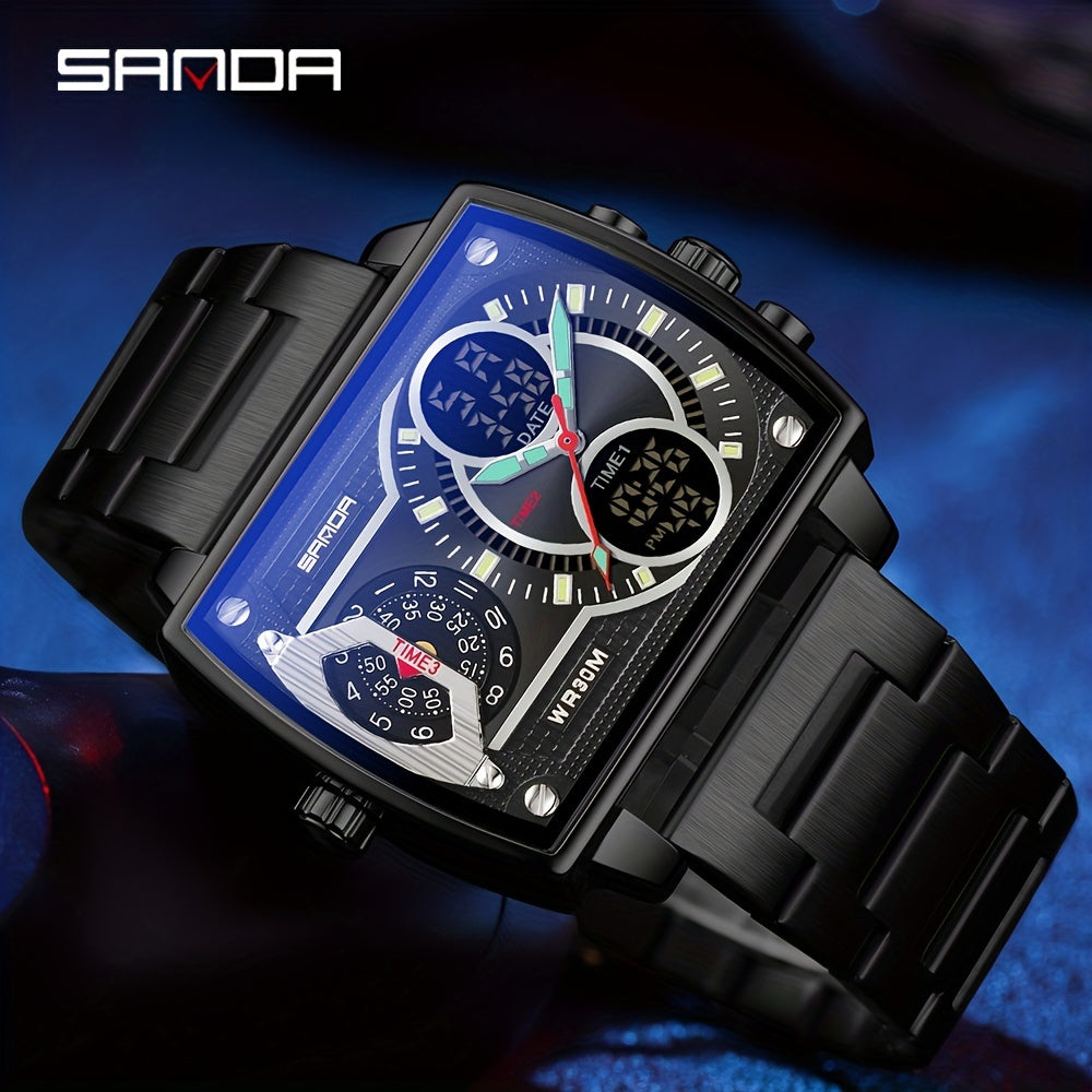 Large Dial Multi Time Zone Men's Watch, Square Dual Display Multifunctional Sports Watch with Dual Time Zone, Date, Alarm, and Stopwatch Functions