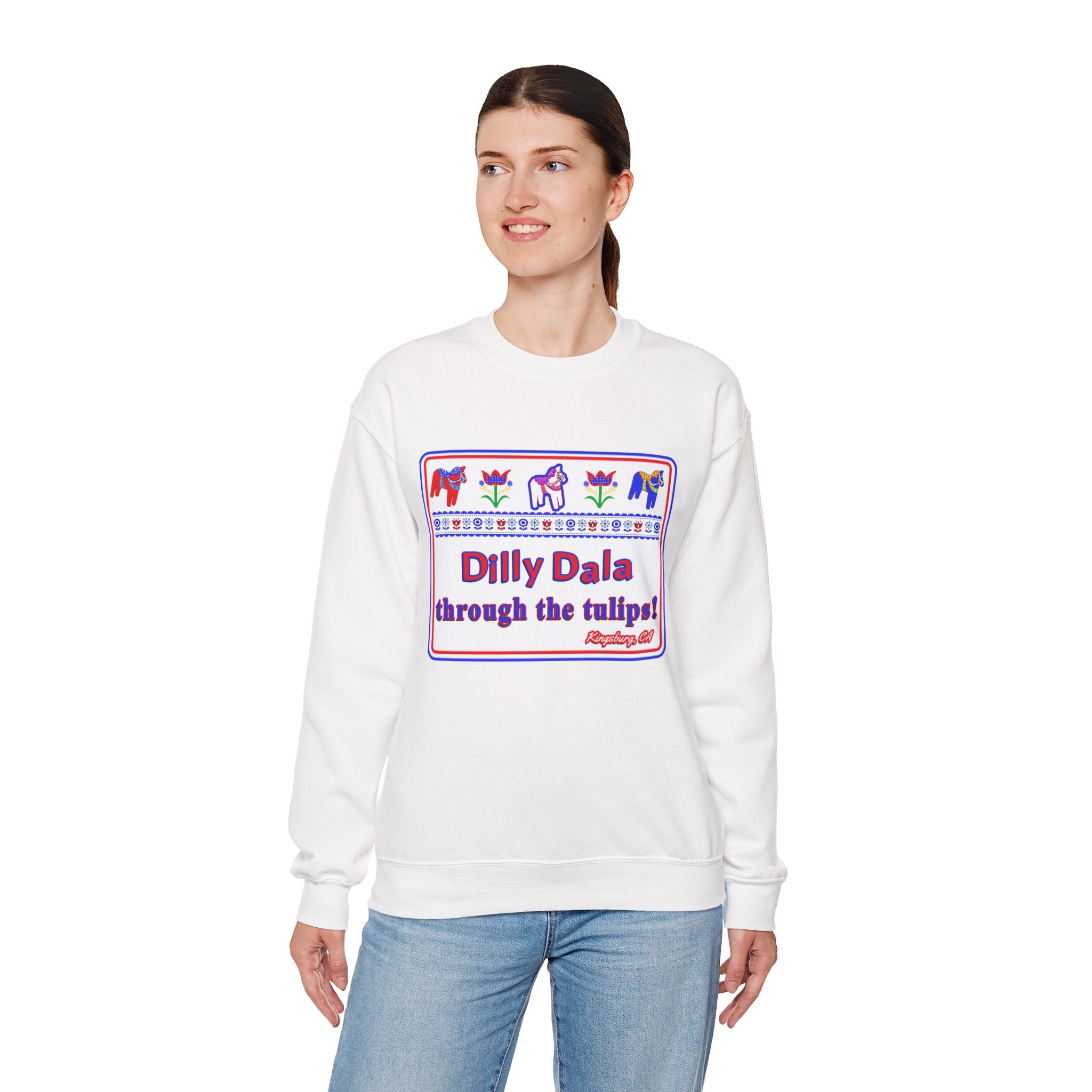 Crewneck Sweatshirt — "Dilly Dala Through the Tulips" Floral Folk Art Design