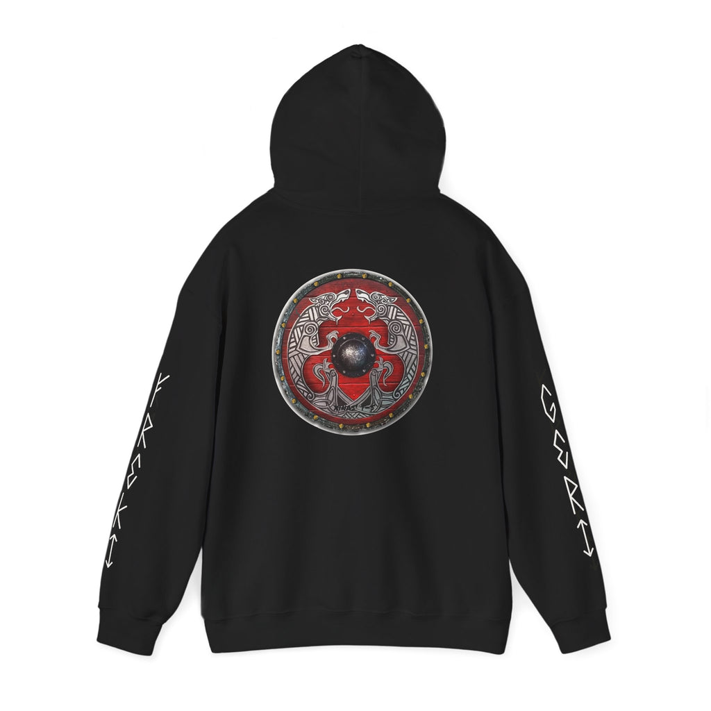 Viking Shield Hoodie — "Let’s Go Avikingri" Norse Rune Sleeve Pullover