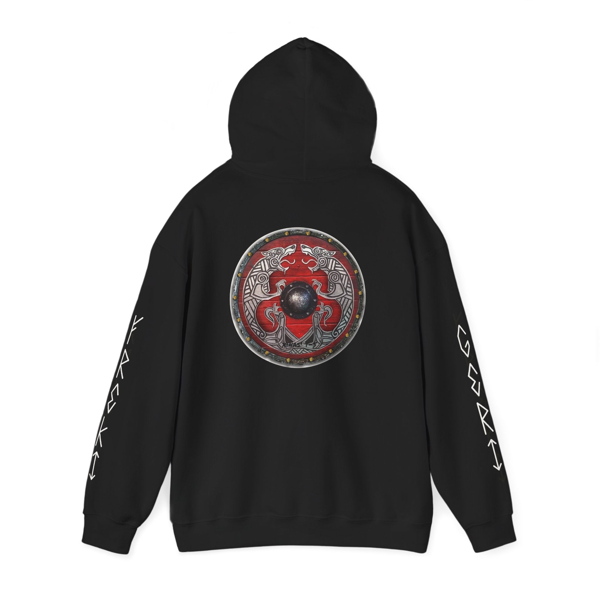 Viking Shield Hoodie — "Let’s Go Avikingri" Norse Rune Sleeve Pullover
