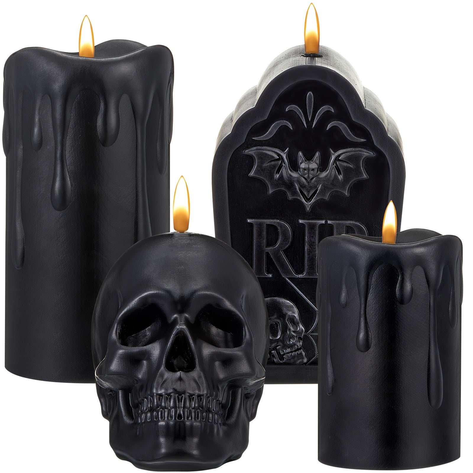 4 Set Black Wax Flameless Halloween Tombstone Rip Skull Pillar Real Wax Dripping Black Flame Gothic Candles For Halloween Party Home Decor