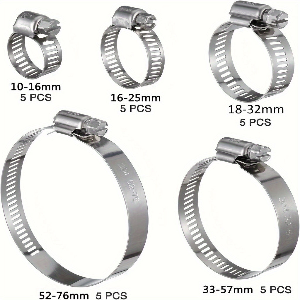 25pcs Heavy-Duty 304 Stainless Steel Hose Clamp Assortment Kit