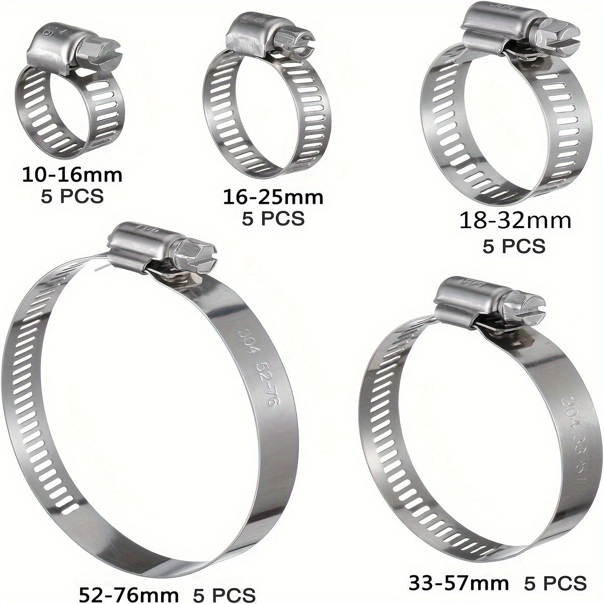 25pcs Heavy-Duty 304 Stainless Steel Hose Clamp Assortment Kit