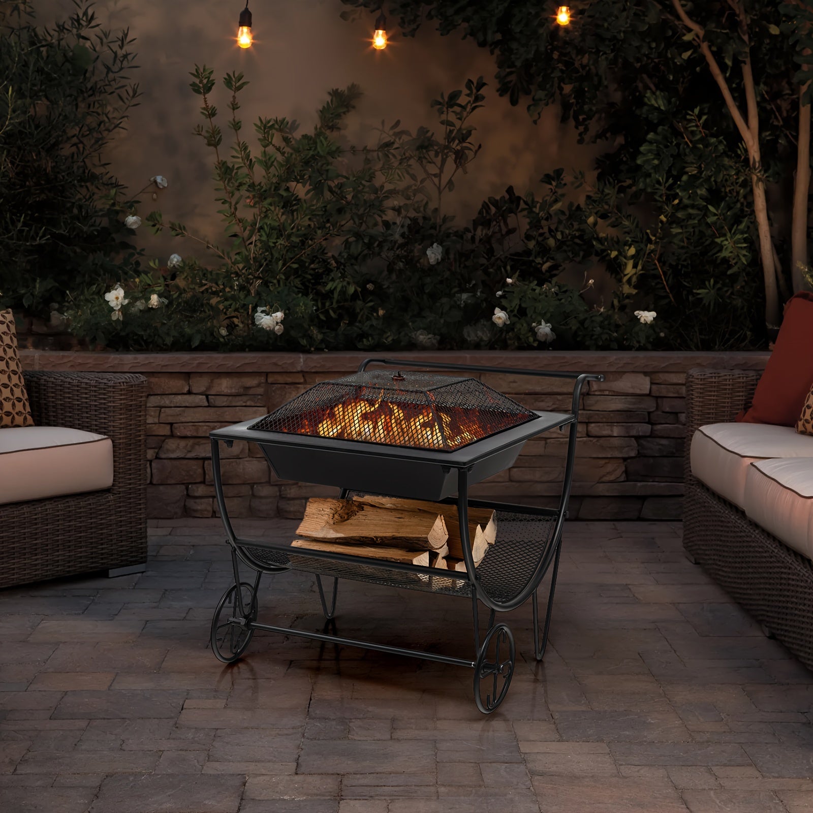 1pc Deluxe Outdoor Wood Burning Fire Pit - Steel Patio Stove with Log Storage Rack and Wheels for Easy Mobility - Perfect for Yard, Garden, and Backyard Gatherings - Durable Construction and Versatile Design