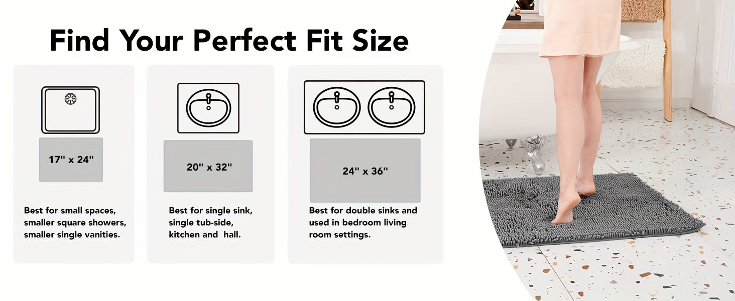 Bath Mat, Thick Soft Chenille Bath Rugs, Quick Dry Absorbent Machine Wash Bathroom Rugs, Non-Slip Rubber Backing Durable Rugs For Bathtubs, Shower Floor, Under The Sink