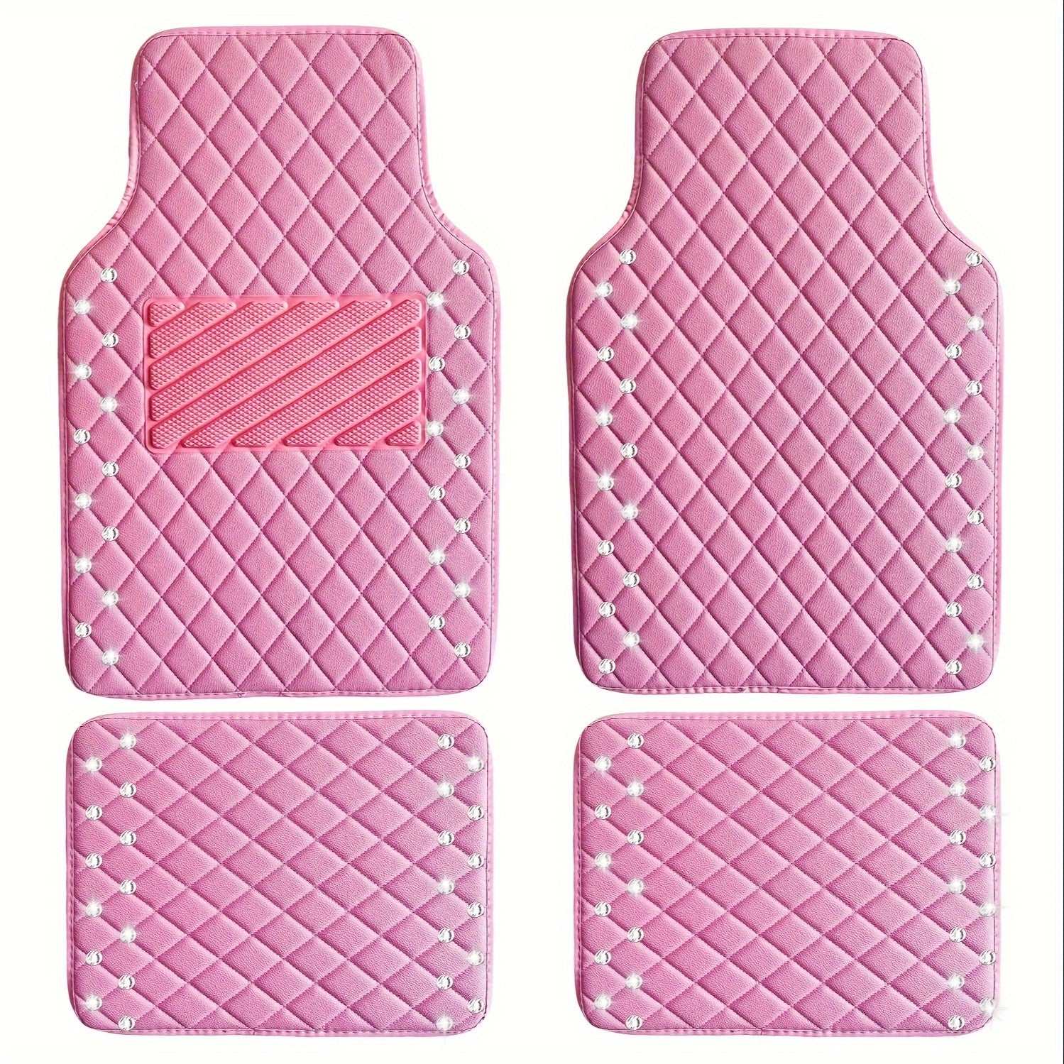 Shining Rhinestones Carpet, Bling Crystal Diamond Sparkly Glitter Car Floor Mat, pu Leather  Heel Pad Automotive Universal Fit for SUV Sedan Van, 4pcs for Girl Pink Cute Women
