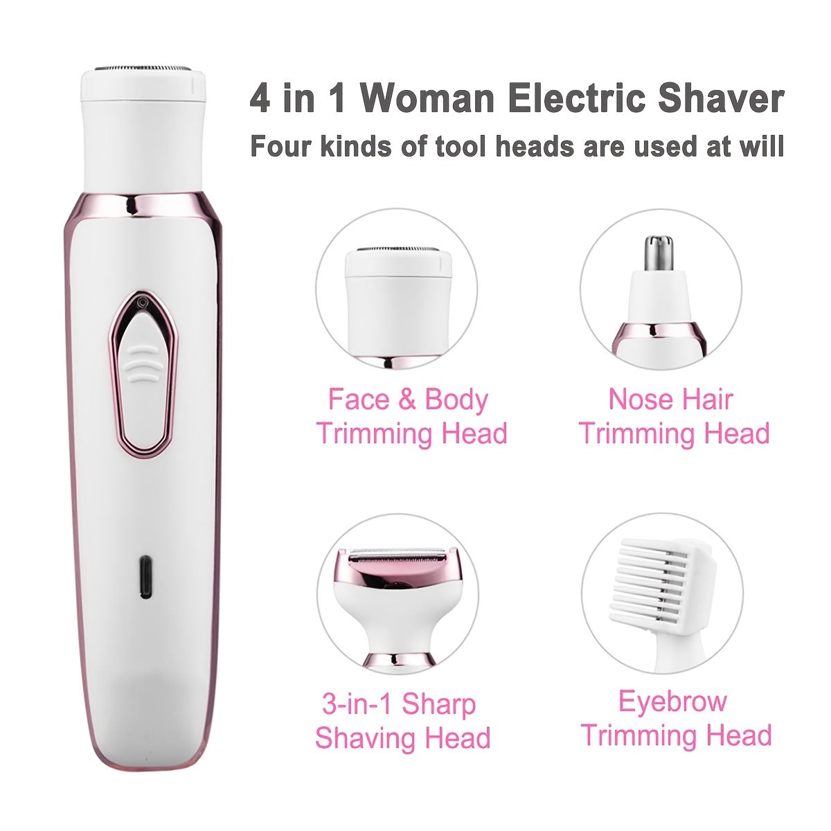 Electric Lady Shaver, Women Razors for Shaving Cordless 4-in-1 Shaver for Women Face, Legs and Underarm, Portable Bikini Trimmer Wet & Dry Hair Removal, Cordless - Micro USB Rechargeable