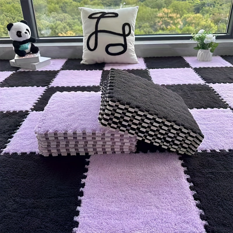 [Soft Coral Fleece Mat] 30pcs Soft Coral Fleece Checkered Area Mat - Soundproof, Black/White/Light Green - Low-Piece, Perfect for Bedroom, Living Room, Playroom, Year-Round Comfort & Style, Bedroom Floor Decor | Checkered Pat