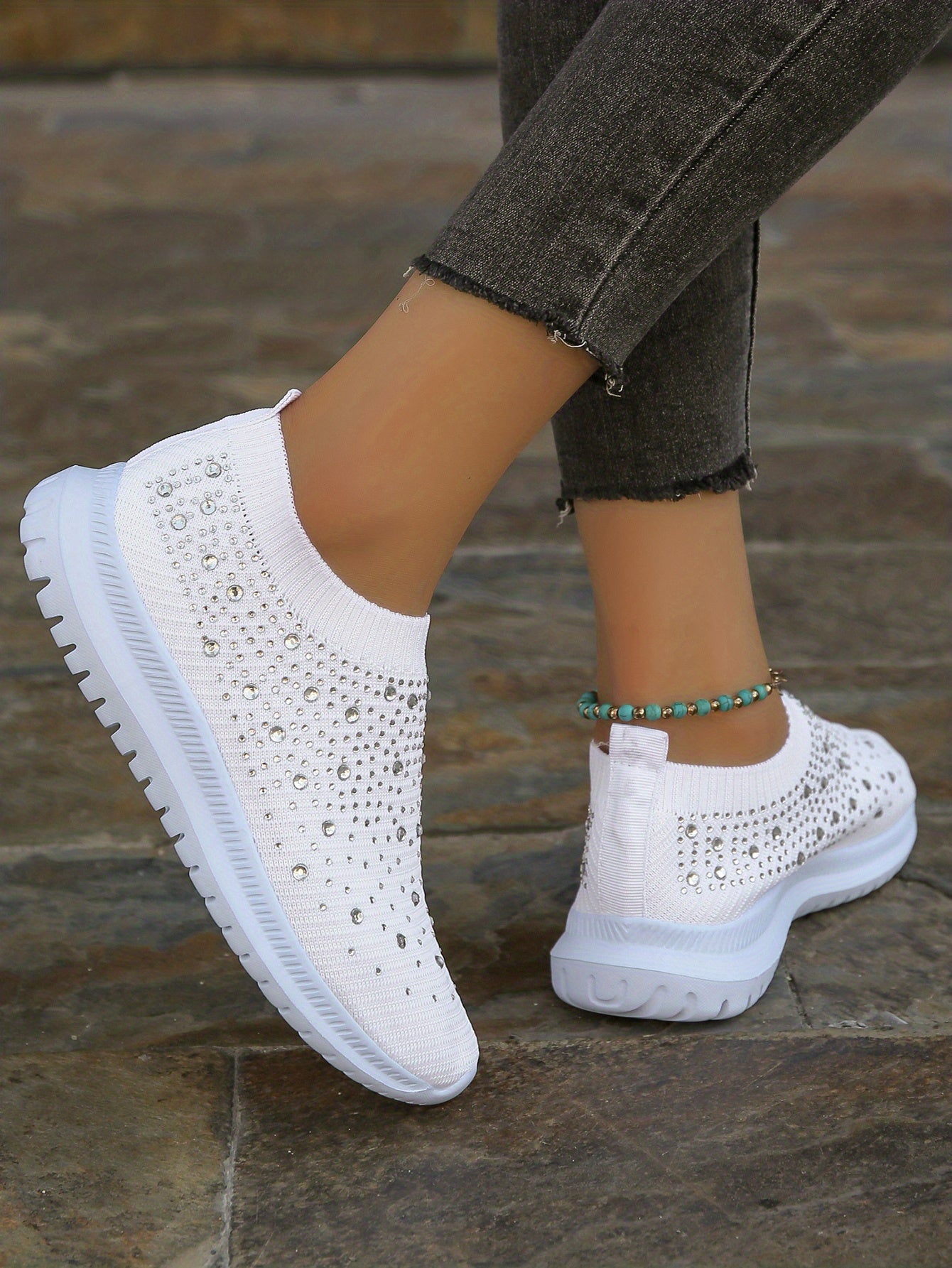 Women's Rhinestone Decor Slip-on Sneakers, Fly Woven Sports Shoes, Breathable Low Top Walking Shoes For Music Festival