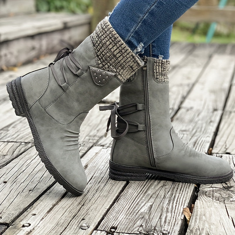Vintage Classic Elegant 's Mid-Calf Boots.  Grey, Black, Khaki, Blue, Purple Womens Shoes Round Toe Slip On