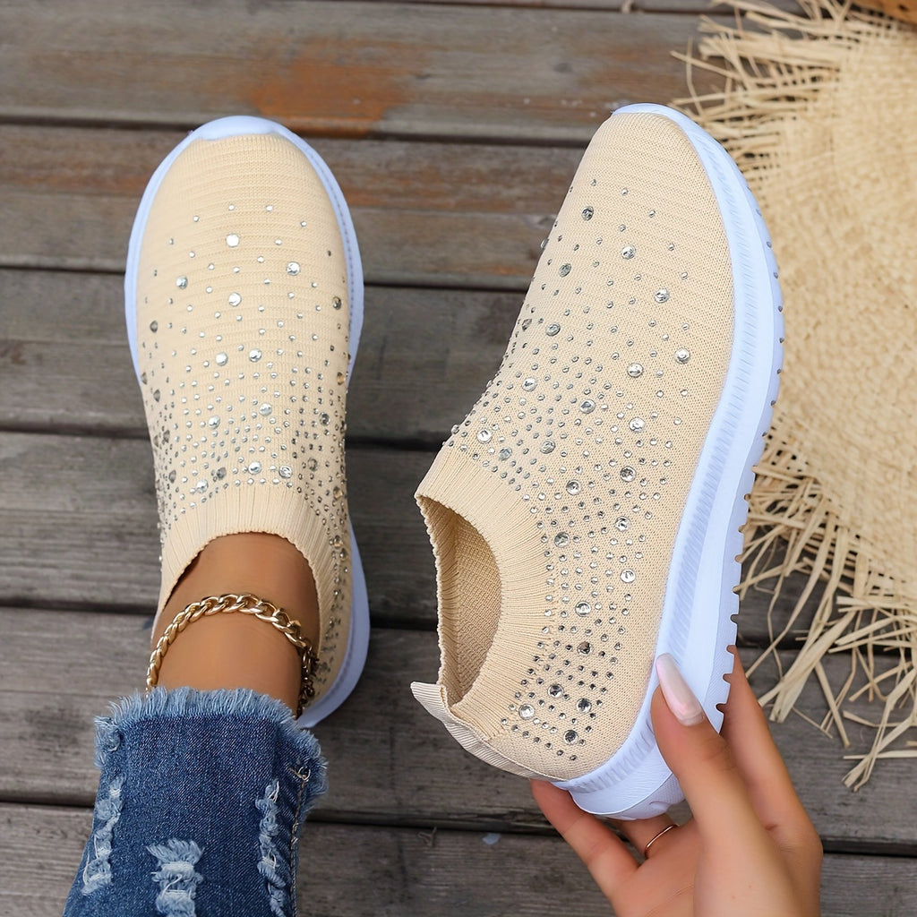 Women's Rhinestone Decor Slip-on Sneakers, Fly Woven Sports Shoes, Breathable Low Top Walking Shoes For Music Festival