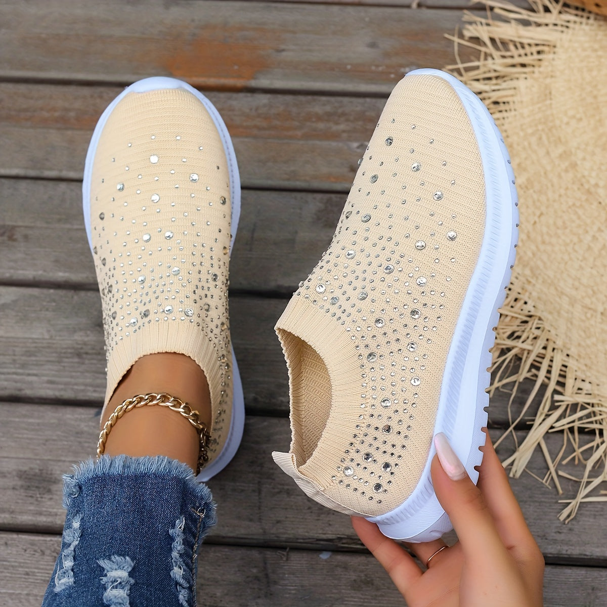Women's Rhinestone Decor Slip-on Sneakers, Fly Woven Sports Shoes, Breathable Low Top Walking Shoes For Music Festival