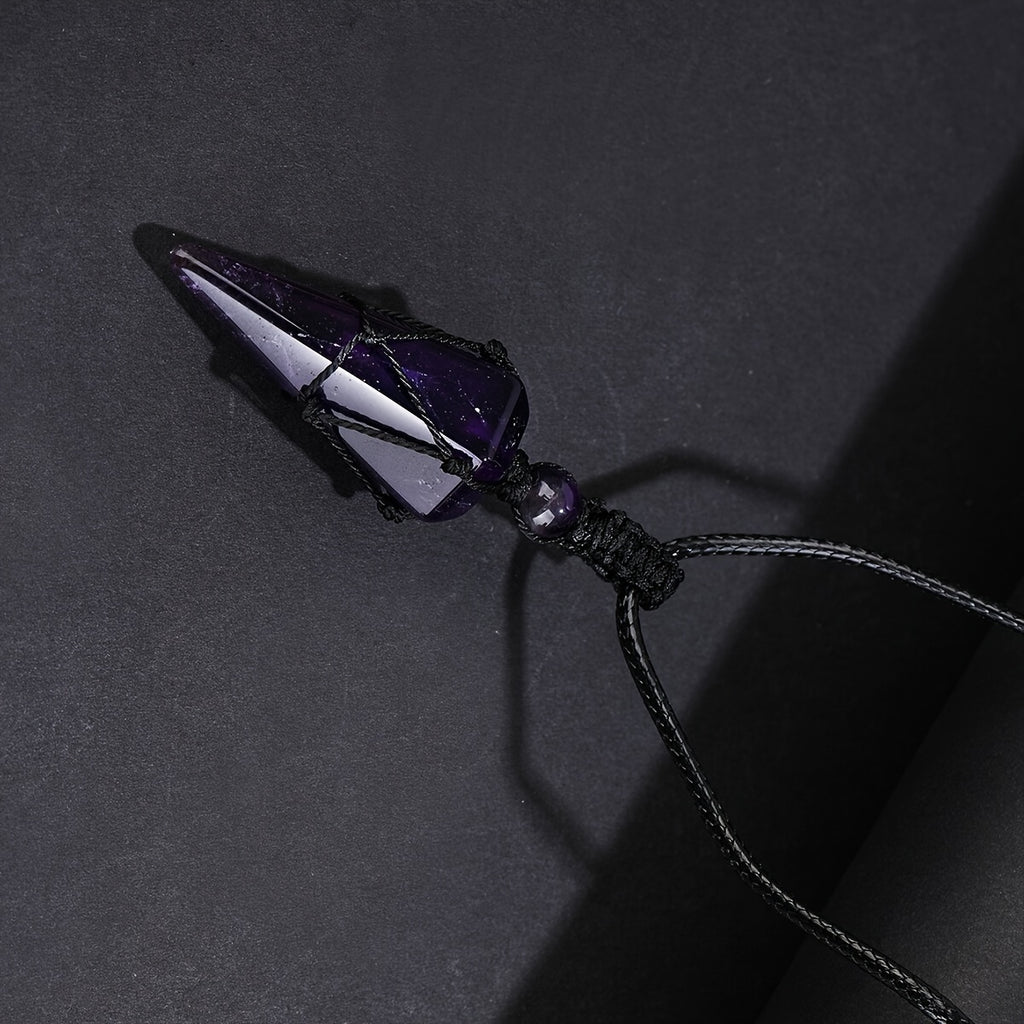 Stylish Men's Natural Amethyst Crystal Hexagonal Cone Pendant Necklace with Braided Rope - Fashion Accessory