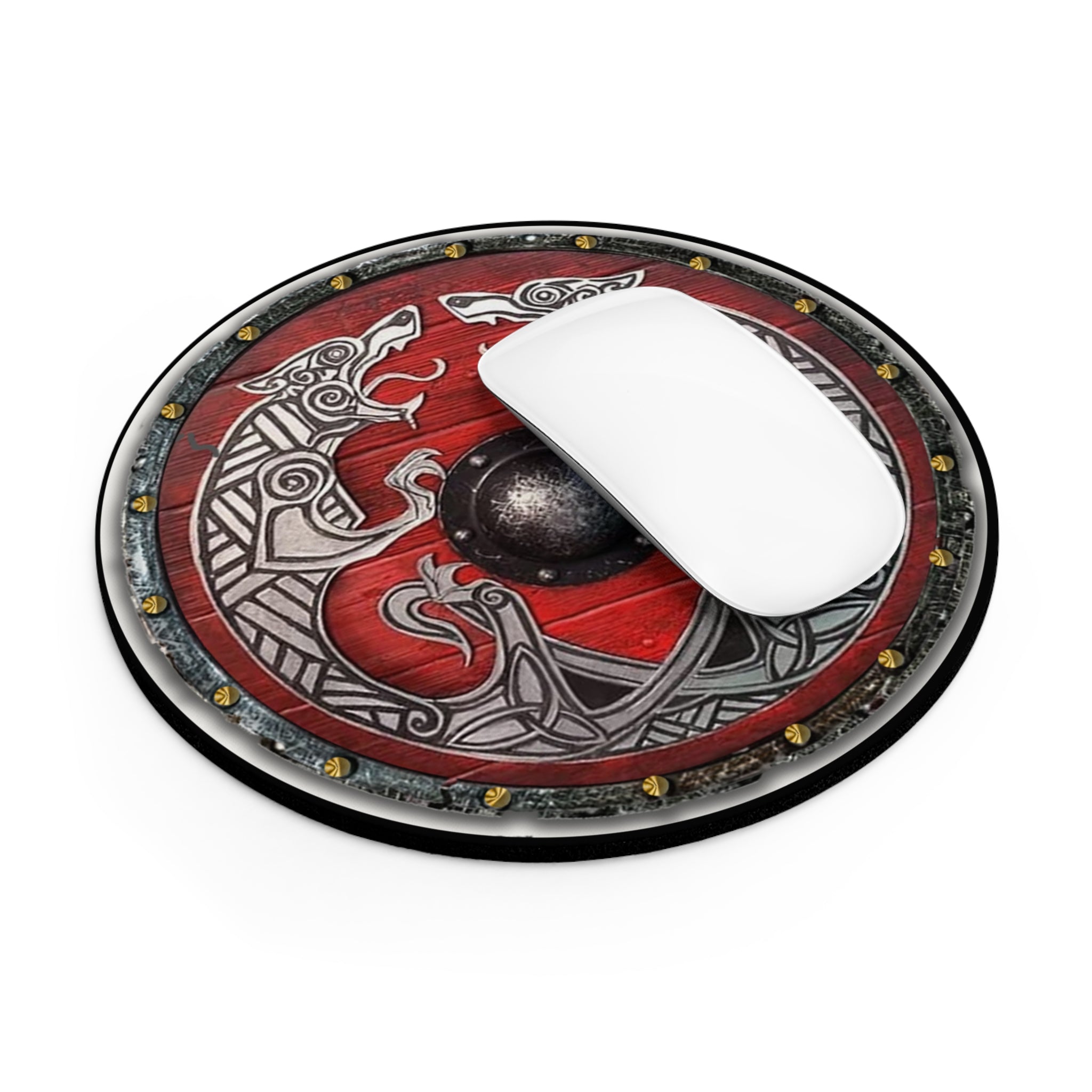 Red Viking Shield Mouse Pad — Norse Wolf Knotwork Gaming Desk Mat