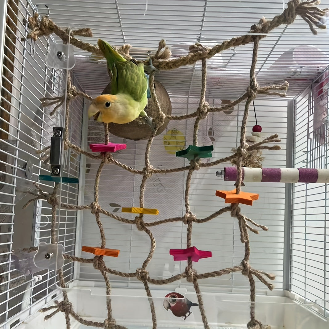 1pc Durable Hemp Rope Bird Climbing Net with Colorful Star Cutouts and Chewing Toys - Multi-Functional Parrot Play Cage Accessory and Bird Toy