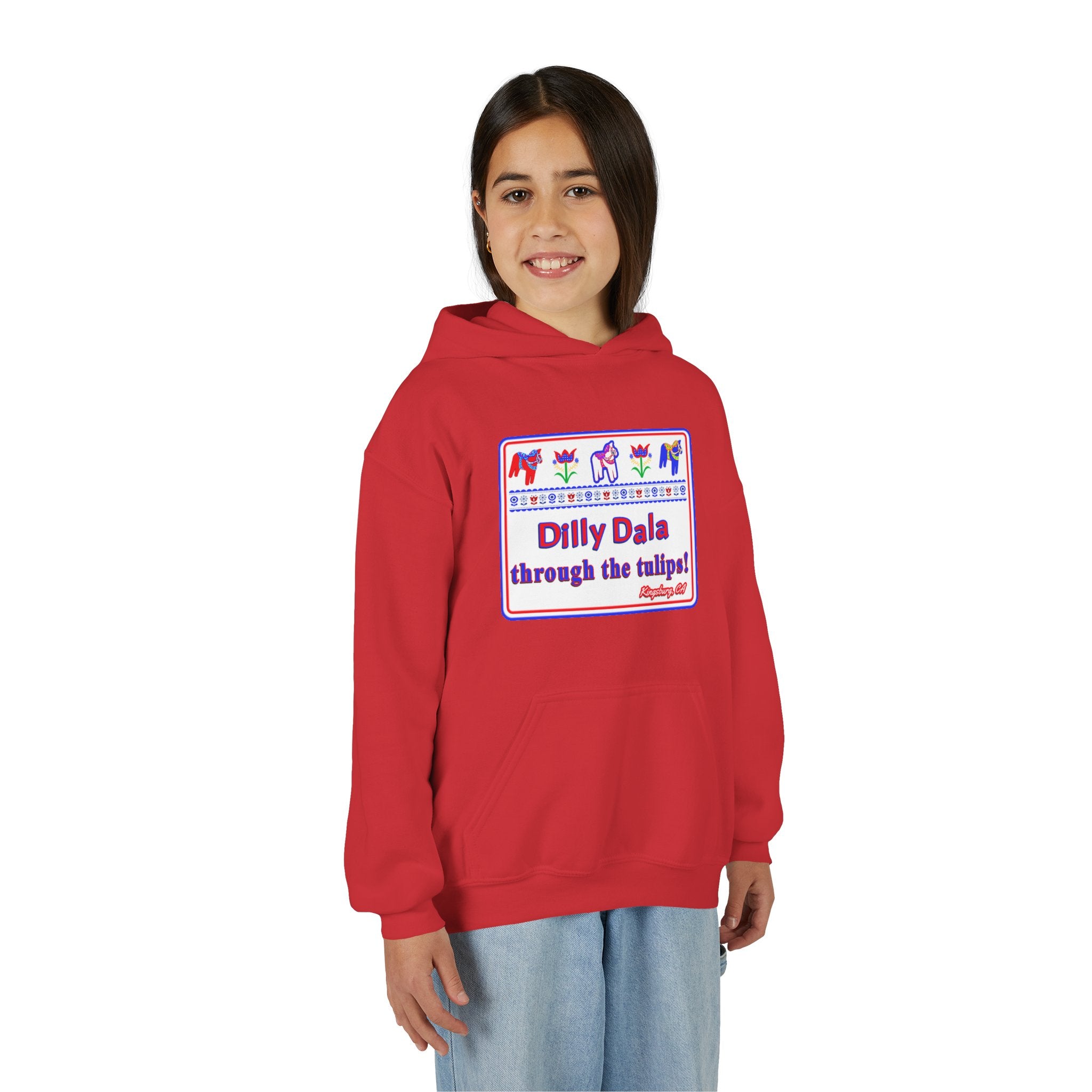 Youth Hoodie - "Dilly Dala Through the Tulips" Cute Tulip & Dala Horse Design