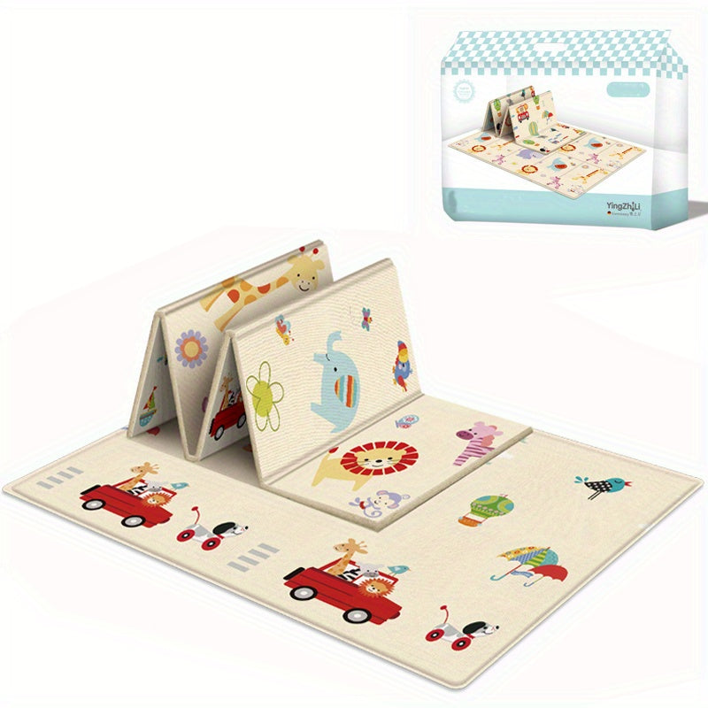 Double-Sided Foldable Kids Play Mat, Waterproof Non-Slip Crawling Rug with Cartoon Patterns, Indoor Educational Activity Surface Foam Floor Game Pad for Children's Room