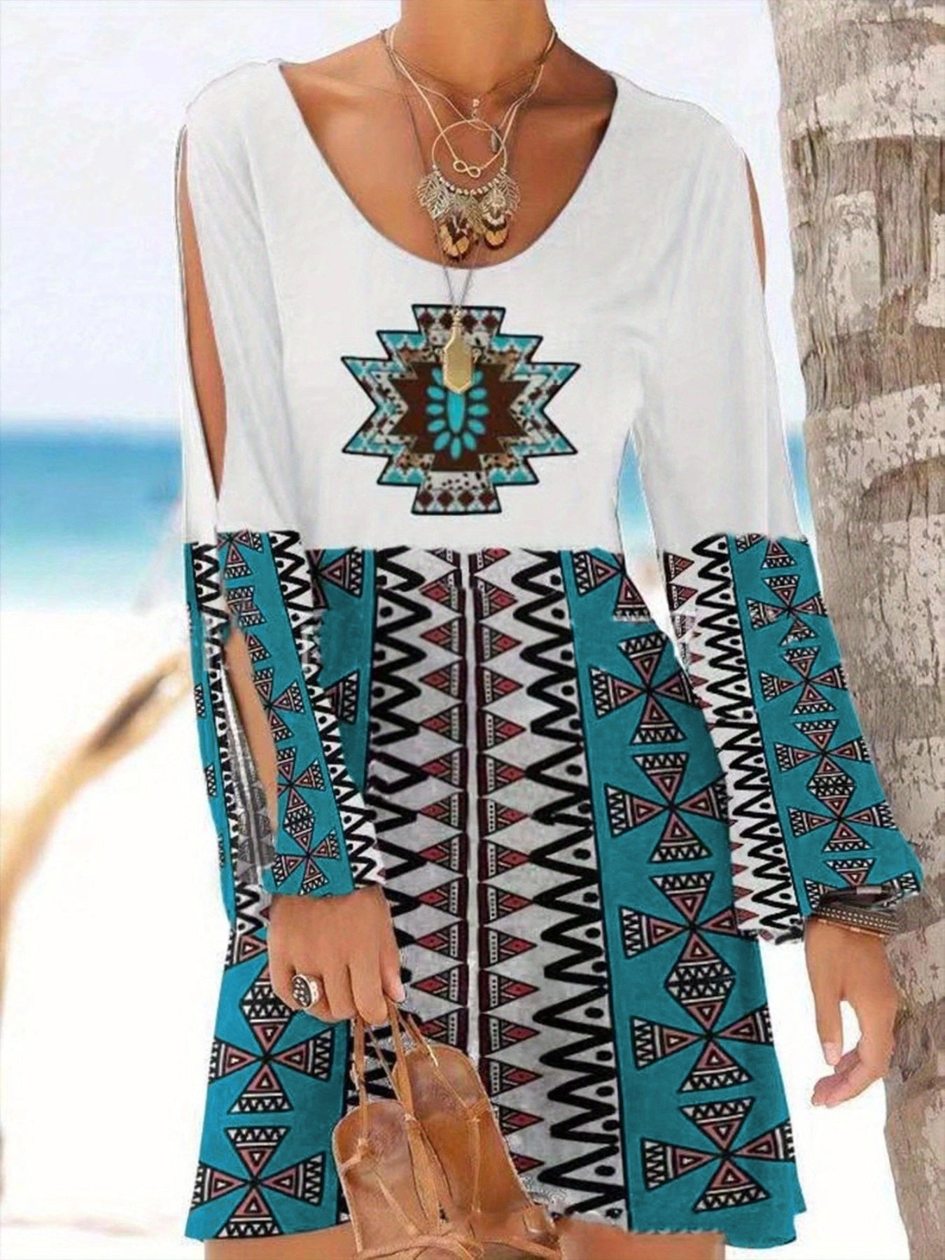 Aztec Print Ethnic Split Sleeve Dress, Boho Vintage V Neck Mini Dress, Women's Clothing